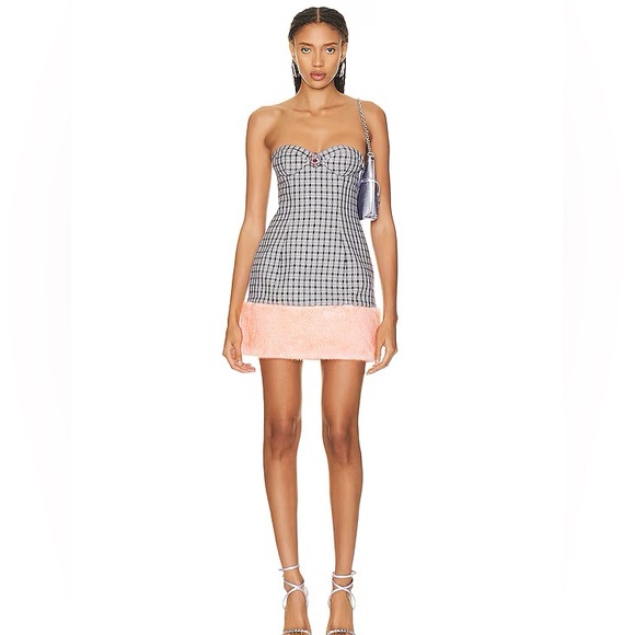 AREA Faux Fur Trim Strapless Mini Dress - Picture 1 of 10